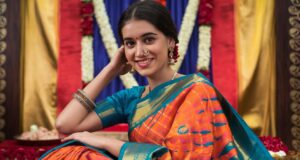 i beautiful indian young women wear Paithani sarees with indian background feeling