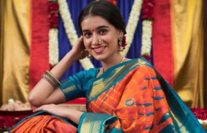 i beautiful indian young women wear Paithani sarees with indian background feeling