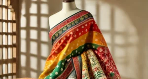 image of a traditional Jaipuri saree with intricate Bandhani and block print designs, showcasing the vibrant Rajasthani style.
