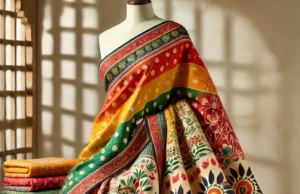 image of a traditional Jaipuri saree with intricate Bandhani and block print designs, showcasing the vibrant Rajasthani style.