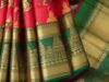 Image idea:Close-up of a Kanjivaram saree pallu with golden zari work.