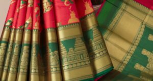 Image idea:Close-up of a Kanjivaram saree pallu with golden zari work.