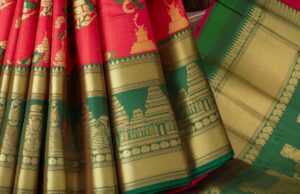 Image idea:Close-up of a Kanjivaram saree pallu with golden zari work.