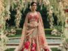 A lehenga with colorful floral designs, perfect for a daytime wedding shoot.
