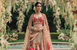 A lehenga with colorful floral designs, perfect for a daytime wedding shoot.